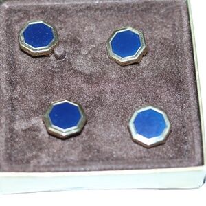 Vintage Avon Gold Tone Navy Enamel Hexagon Button Covers Set Of 4  Original Box